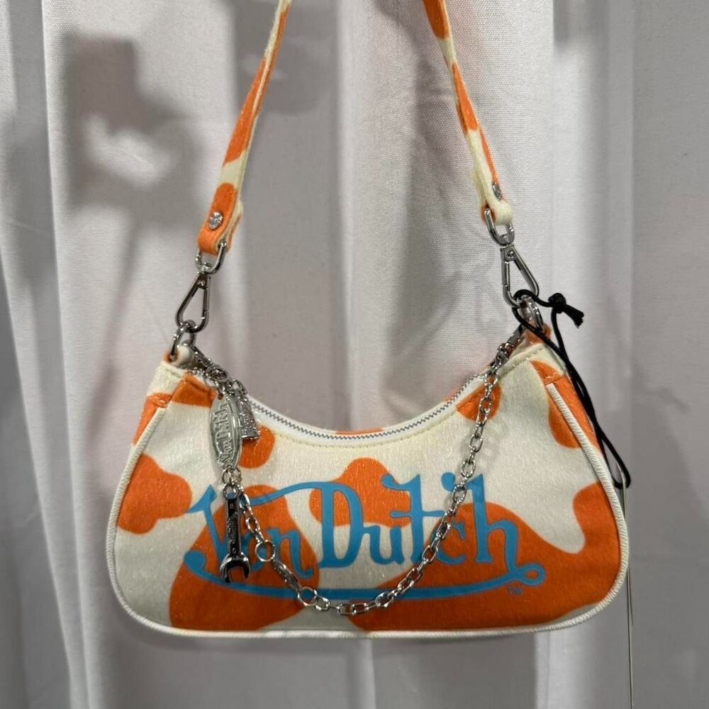 von dutch orange and white cow print furry bag with blue logo (NWT)